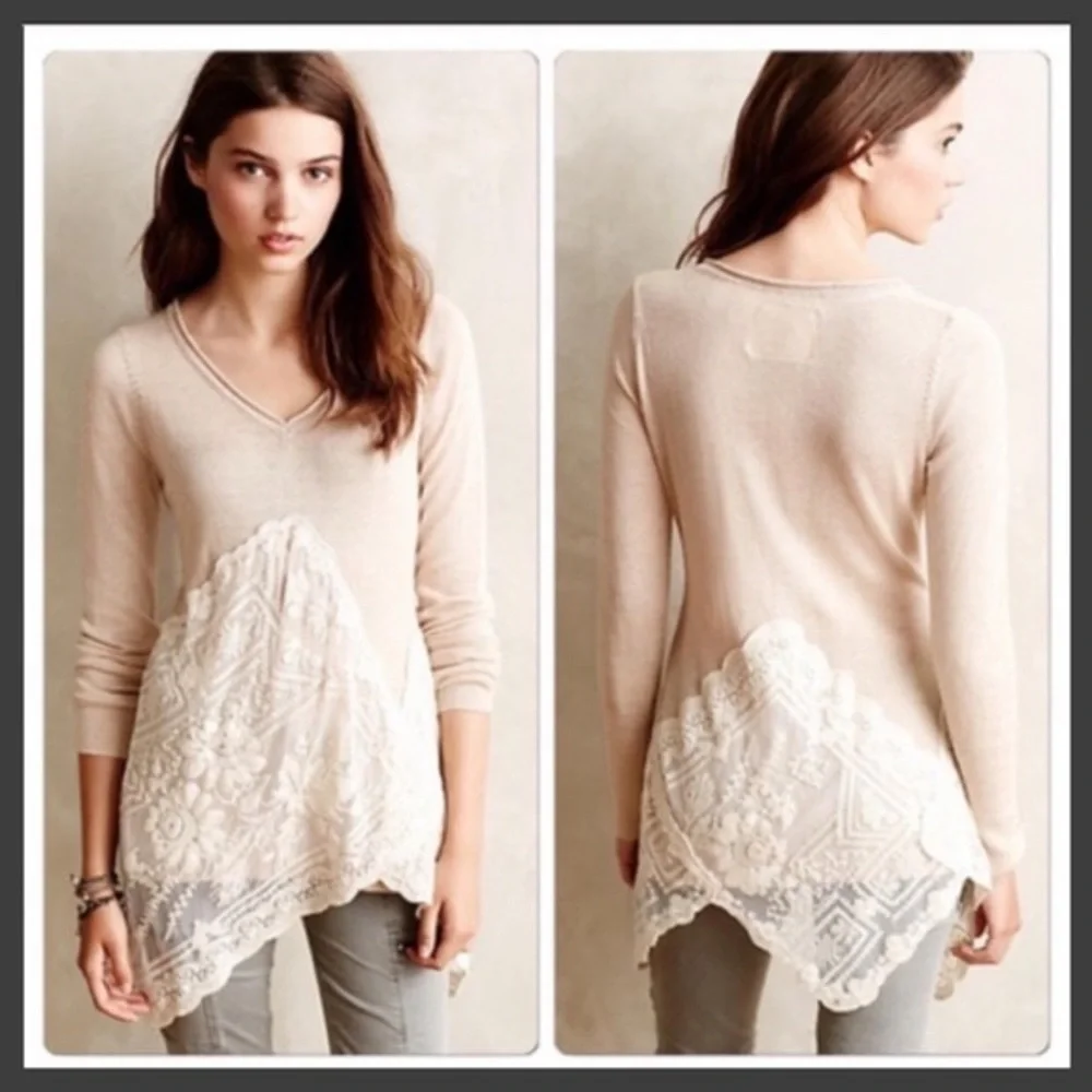 Anthropologie Angel of the North Sweater Lace Tunic Size Small Camel Cream